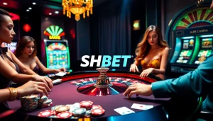 SHBET gaming scene featuring poker chips and a roulette table, embodying excitement.