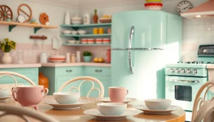 Retro appliance in a vintage kitchen setting with pastel colors and warm lighting.