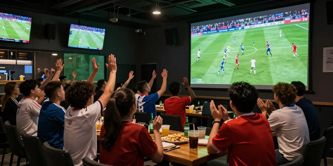 Fans gathered at a sports bar enjoying kooralive soccer match with excitement and energy.